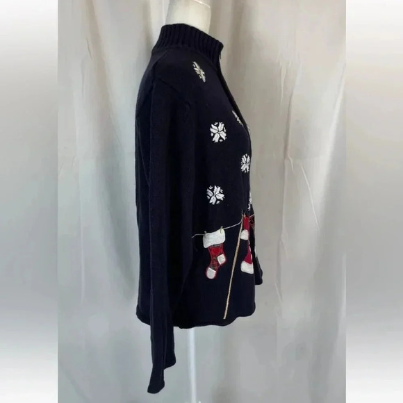Crystal Kobe Blue Christmas Zip cardigan Sweater Santa's clothes snowflakes M - Picture 8 of 16
